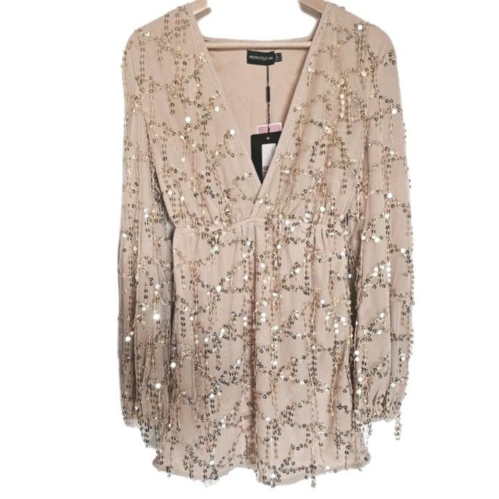 Pretty Little Things Sequin Dress Size 2 Gold Champagne Long‎ Sleeve Fringe